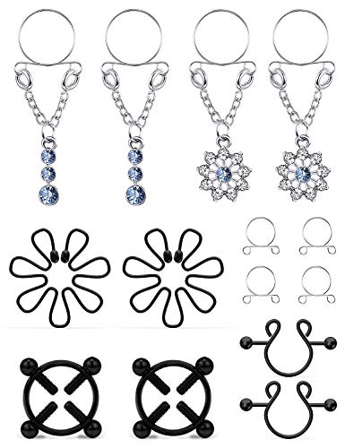 Cisyozi 5Pairs Stainless Steel Fake Nipple Rings for Women Non-Piercing Dangle Nipplerings Faux Body Piercing Jewelry - color: Black Tone