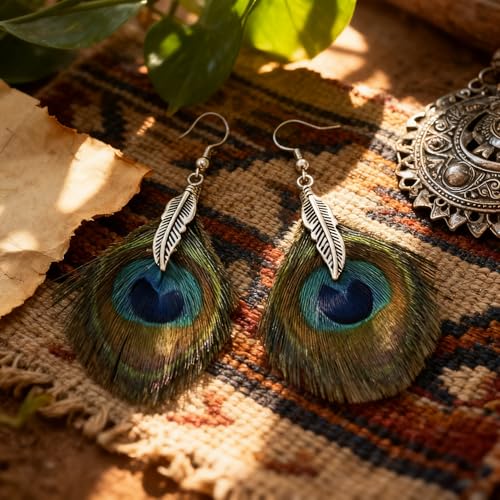 Feather Earrings for Women, Sterling Silver Hook Boho Style Peacock Long Feather Jewelry - color: Peacock Feather-4