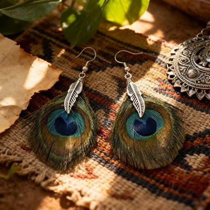 Feather Earrings for Women, Sterling Silver Hook Boho Style Peacock Long Feather Jewelry - color: Peacock Feather-4