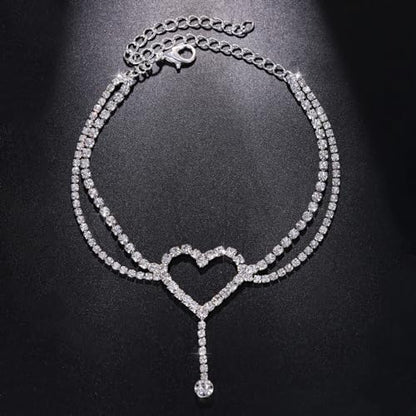 Fesciory Silver Ankle Bracelets for Women, Adjustable Rhinestone Pendant Tennis Anklet, Butterfly Heart Infinite Diamond Summer Beach Foot Chain Jewelry Gifts - style: Layered Heart1