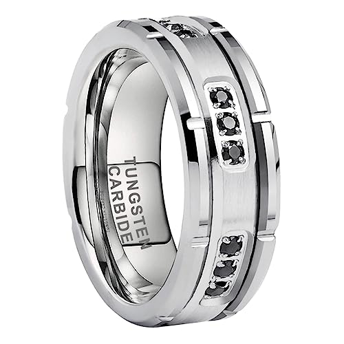 TUTISS 8mm Silver/Black Tungsten Rings for Men Women Promise Engagement Eternity Wedding Bands Black Cubic Zircon Stone Inlay All Around Matte Finish Comfort Fit - color: 8mm Tungsten