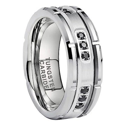 TUTISS 8mm Silver/Black Tungsten Rings for Men Women Promise Engagement Eternity Wedding Bands Black Cubic Zircon Stone Inlay All Around Matte Finish Comfort Fit - color: 8mm Tungsten