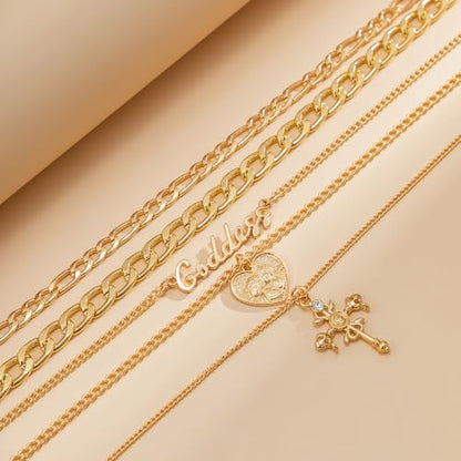 GYRMMUE 5 Pcs Chunky Gold Layered Necklaces Set for Women Heart Locket Coin Cross Pendant Necklaces Punk Hip Hop Charm Necklace Goddess Style Stacked Chain Necklace Christian Faith Jewelry - color: Gold