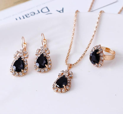 MALOYANVE 4PCS Crystal Heart Jewelry Set Glitter Gold Cubic Zirconia Love Heart Pendant Necklace Lightweight Hoop Earrings Bangle Bracelet Adjustable Open Ring Prom Wedding Jewelry for Women - color: Black