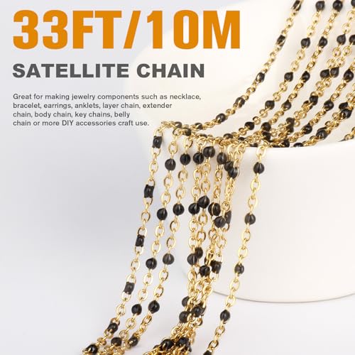33FT 2mm Gold Cable Chains Black Enamel Chains Bulk for Jewelry Making | 18K Gold PVD Plated Stainless Steel Enamel Beaded Chains Roll for Necklace Bracelet - color: Gold Black Beads