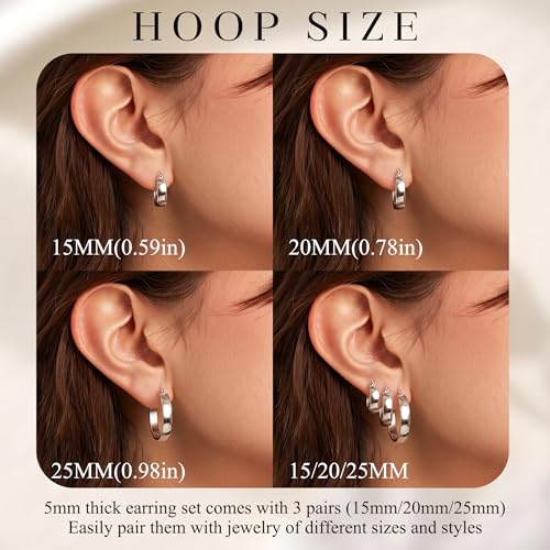 5mm Chunky Hoop Earrings Set, 3 Pairs Durable Bold Small Gold Hoop Earrings, Hypoallergenic 925 Silver Post Huggie Hoops, Lightweight Stacked-Style Thick Hoops Earring for Women - color: Silver, size: 15/20/25mm