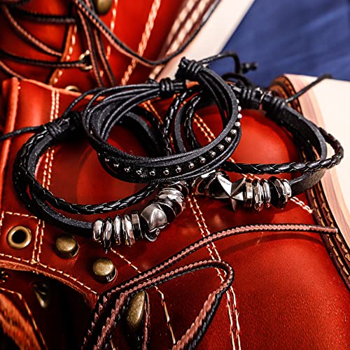 MILAKOO 6Pcs Punk Leather Bracelets for Women Men Braided PU Wristband Skull Skeleton Accessories - color: A: Black