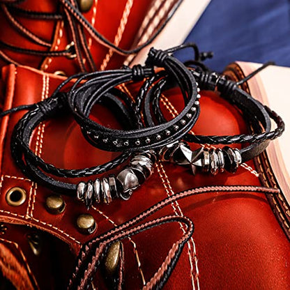 MILAKOO 6Pcs Punk Leather Bracelets for Women Men Braided PU Wristband Skull Skeleton Accessories - color: A: Black