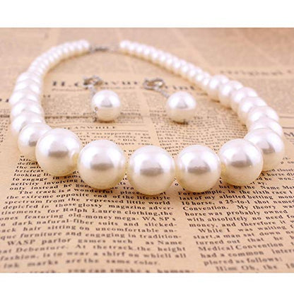 Handmade Faux Pearl Necklace and Clip on Earrings Jewelry Sets for Women Bib Choker Collar Necklace - color: White-Necklace+Tassel Clip Earrings
