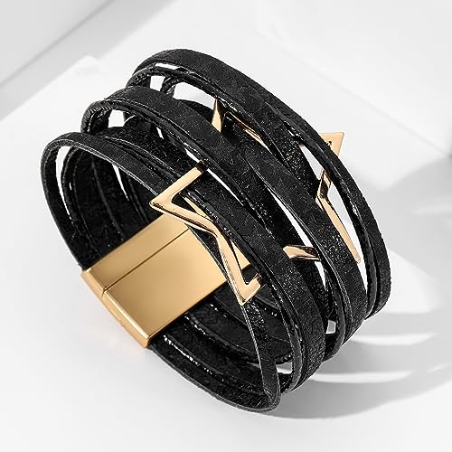 Fesciory Leather Wrap Bracelet for Women, Boho Western Layered Cuff Jewelry | Stackable Bracelets, Easy-On Clasp, Daily Wear, Pairs with Boho Western Outfits, Gift for Women - color: Black
