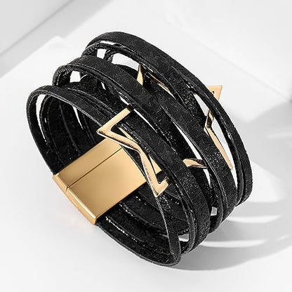 Fesciory Leather Wrap Bracelet for Women, Boho Western Layered Cuff Jewelry | Stackable Bracelets, Easy-On Clasp, Daily Wear, Pairs with Boho Western Outfits, Gift for Women - color: Black