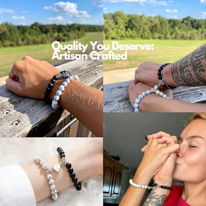 Set Of 2 Couples Bracelet Magnetic Healing Natural Bead Stone Stretch Bracelet Unisex Anniversary, Friendship, Valentine, Christmas Gift - color: Black+Howlite, style: With Luxury Giftbox