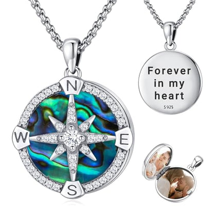 Compass Necklace for Women Men 925 Sterling Silver Pendant Urn Necklaces for Ashes Picture Locket Necklace Anchor Necklace Viking Necklace Crystals CZ Moonstone Abalone Shell Turquoise Compass Jewelry - color: Q-F-Compass Picture Locket, style: Locket