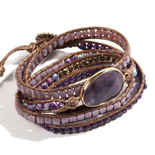 Women Wrap Bracelet Boho Natural Jasper Crystal Stone Beads Strand Bracelets - color: Style 08-Amethyst