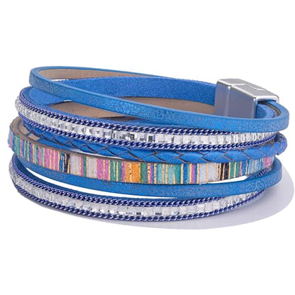 Boho Layered Leather Wrap Bracelets Chunky Western Country Hippie Jewelry | Stackable Bohemian Cowgirl Magnetic Clasp Cuff Bangle Set Fashion Stack Statement Festival Trendy Jewelry Gifts for Women - color: Royal Blue