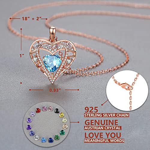 5 Heart I Love You Necklace for Women, Birthstone Crystal Pendant, Birthday Gift for Her, Wife, Mom, Rose Gold or Gunmetal Plated, 925 Sterling Silver Chain 18"+2" - color: 03-March-Aquamarine Aqua Blue-Rose Gold Plated