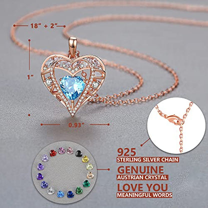 5 Heart I Love You Necklace for Women, Birthstone Crystal Pendant, Birthday Gift for Her, Wife, Mom, Rose Gold or Gunmetal Plated, 925 Sterling Silver Chain 18"+2" - color: 03-March-Aquamarine Aqua Blue-Rose Gold Plated