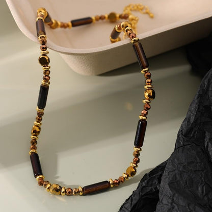 2pcs Retro Temperament Layered Tiger Eye Stone Pendant Necklace For Women Stainless steel Double-Layer Collarbone Chain Sets