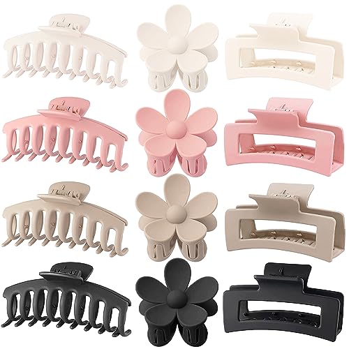 Large Hair Claw Clips, 12 Pack Flower Hair Clips for Thick Hair, Big Square Matte Strong hold for Thin Hair, 3 Styles Claw Hair Clips for Thick Hair - color: White, Black, Pink, Coffee