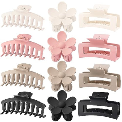 Large Hair Claw Clips, 12 Pack Flower Hair Clips for Thick Hair, Big Square Matte Strong hold for Thin Hair, 3 Styles Claw Hair Clips for Thick Hair - color: White, Black, Pink, Coffee
