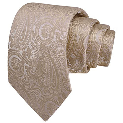 GUSLESON 3.15"（8cm） Mens Tie and Lapel Pin Paisley Necktie Hankerchief Cufflinks Set for Men - color: Champagne