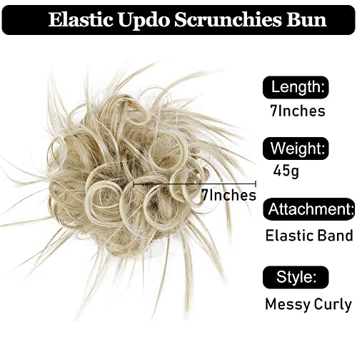 HMD Tousled Updo Messy Bun Hair Piece for Women Synthetic Hair Extension | Messy Bun Hair Piece with Elastic Scrunchie Synthetic Tousled Updos Ponytail Hairstyles for Daily Wear - color: Ash Blonde Mix Bleach Blonde(18t613#)