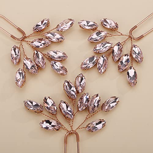 Teyglen 3pcs Bridal Crystal Hair Pins Rhinestones Hair Pieces Simple Crystal Wedding Hair Accessories Handmade Hair Pins for Women Bride Girls (Pink) - color: Pink