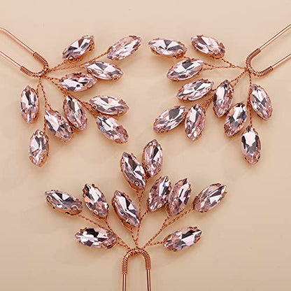 Teyglen 3pcs Bridal Crystal Hair Pins Rhinestones Hair Pieces Simple Crystal Wedding Hair Accessories Handmade Hair Pins for Women Bride Girls (Pink) - color: Pink