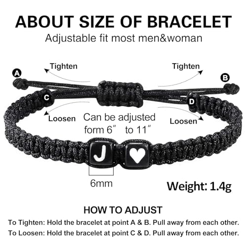 Valentines Day Gifts for Him Her Heart Love Letter Initial Matching Couple Bracelets for Women Men Teen Gifts Best Friend Graduation Birthday Gifts A-Z Braided Bracelet Son Daughter Dad Jewelry - color: Black-J