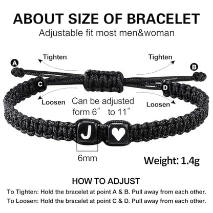 Valentines Day Gifts for Him Her Heart Love Letter Initial Matching Couple Bracelets for Women Men Teen Gifts Best Friend Graduation Birthday Gifts A-Z Braided Bracelet Son Daughter Dad Jewelry - color: Black-J