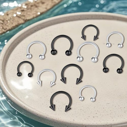 D.Bella 16G 14G Horseshoe Rings Surgical Steel Nose Septum Horseshoe Hoop Earring Eyebrow Tragus Lip Rings Daith Helix Piercing Jewelry for Women Men 6-12mm Smily Piercing Jewelry - color: 16g-silver-black