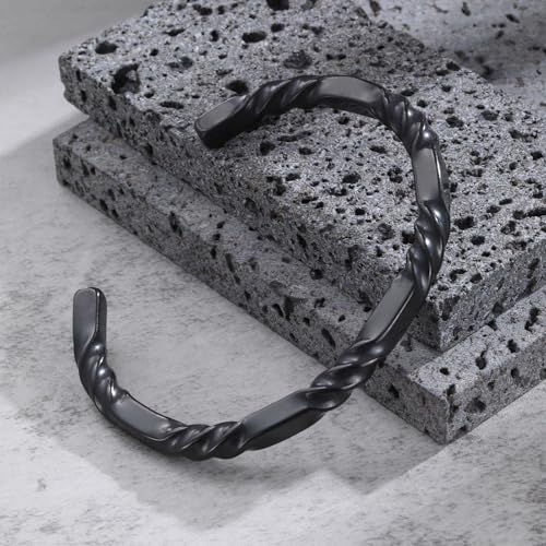 Hisatan Stainless Steel Mens Cuff Bracelet, Minimal Twist Cool Antique Retro/Silver/Black Open Metal Cuff Bangle Bracelets for Men, 65/70mm - color: Black