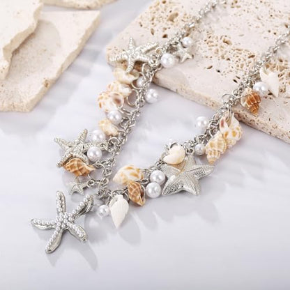 RUOFFETA Shell Starfish Necklace Bracelet Conch Statement Chunky Necklace Mermaid Costume Jewelry Beach Jewelry for Women - style: Necklace Silver