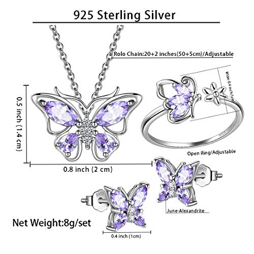 925 Sterling Silver Birthstone Butterfly Jewelry Women Crystal Animal Cute Butterflies Birthday Necklace/Earring/Ring/Bracelet Sets Birth Stone Statement Anniversary Jewellery - color: 2-F.June-Alexandrite