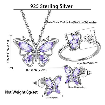925 Sterling Silver Birthstone Butterfly Jewelry Women Crystal Animal Cute Butterflies Birthday Necklace/Earring/Ring/Bracelet Sets Birth Stone Statement Anniversary Jewellery - color: 2-F.June-Alexandrite