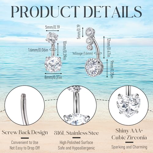 4pcs Belly Piercing Jewelry, 14G Stainless Steel Silver Belly Button Rings, Navel Piercing Jewelry Cz Belly Piercings Cute Heart Belly Button Ring for Beach Festival Daily