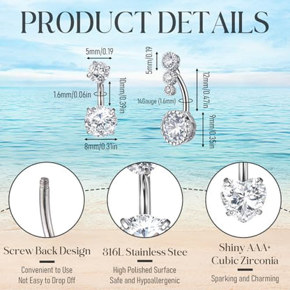 4pcs Belly Piercing Jewelry, 14G Stainless Steel Silver Belly Button Rings, Navel Piercing Jewelry Cz Belly Piercings Cute Heart Belly Button Ring for Beach Festival Daily
