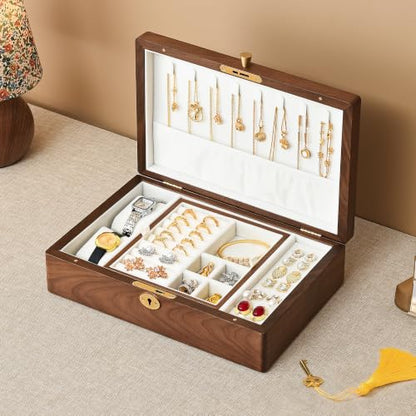 Black Walnut Wooden Lockable Jewelry Box, 2 Layer Large Wood Jewelry Organizer with Removable Tray for Necklace Ring Earrings Watch Bracelet, Handcrafted Velvet Lined Case Gifts for Mom Women Girls - color: 2 Layer Large Lockable