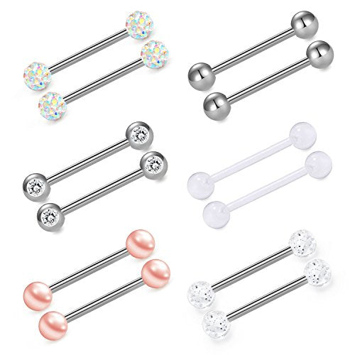 VCMART 12mm-18mm 14G Tongue Rings Nipple Straight Barbells Surgical Steel Body Piercing Jewelry - style: Style E1 -12pcs, silver