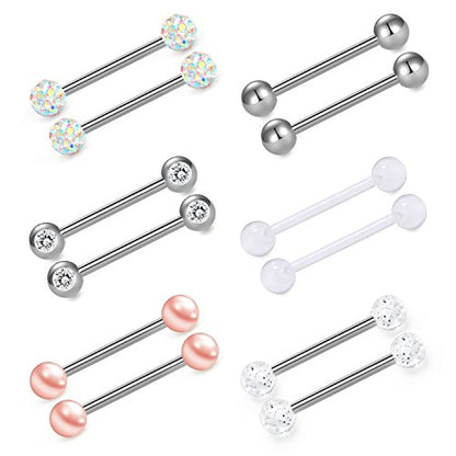 VCMART 12mm-18mm 14G Tongue Rings Nipple Straight Barbells Surgical Steel Body Piercing Jewelry - style: Style E1 -12pcs, silver