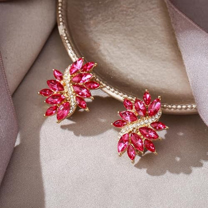 EVER FAITH Sparkly Rhinestone Clip-on Earrings for Women Bride, Fashion Marquise Crystal Cluster Wedding Bridal Stud Earring for Prom Formal Party - color: Hot Pink Gold-Tone
