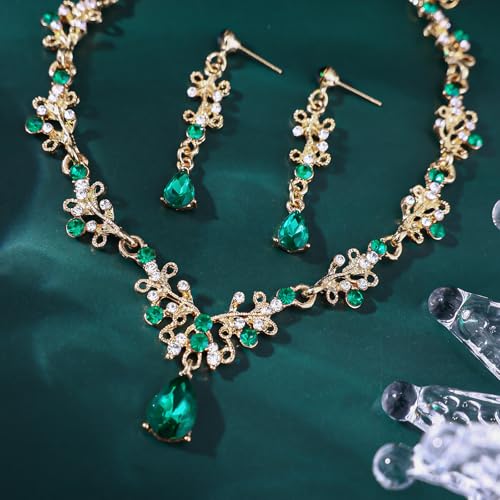 Crystal Crown Jewelry Set for Women Bride Queen Tiara Earrings and Necklace | Metal Royal Crown Costume Jewelry Set Wedding Prom Quinceanera Party Pageant Halloween Retirement Christmas Birthday Gift - color: Green