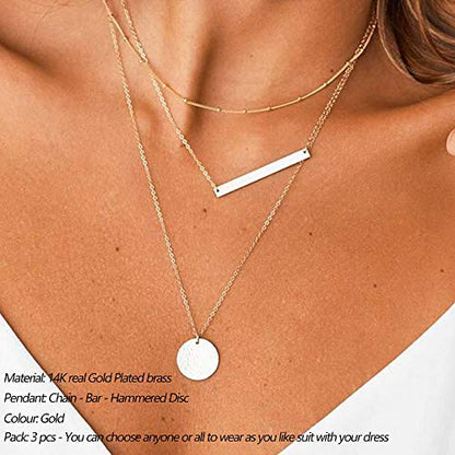 Turandoss Dainty Layered Choker Necklace, Handmade Y Pendant Necklace Multilayer Bar Disc Necklace Adjustable Layering Choker Necklaces for Women - style: 3PCS - Chain&Bar&Hammered Disc
