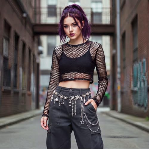 Jadive 5 Pieces Belt Chain Jeans Pants Pocket Waist Multi-Layer Hip Hop Metal Wallet Chain for Men Women - style: Star, Pearl