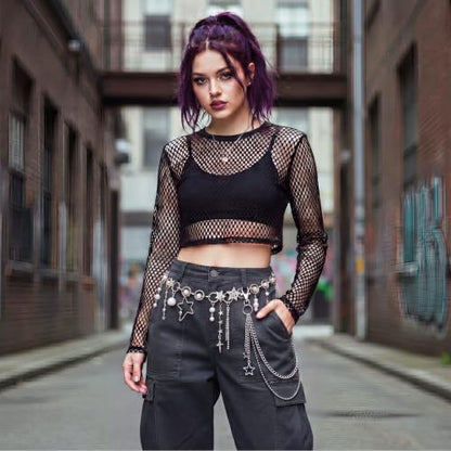 Jadive 5 Pieces Belt Chain Jeans Pants Pocket Waist Multi-Layer Hip Hop Metal Wallet Chain for Men Women - style: Star, Pearl