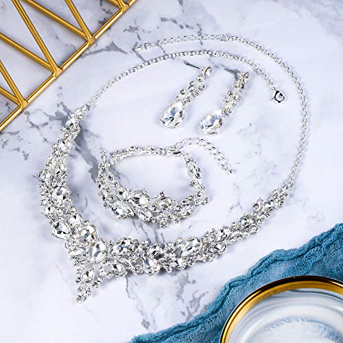 Wedding Bridal Jewelry Set for Women Bride Bridesmaids | Gorgeous Austrian Crystal Teardrop Cluster Statement Necklace Dangle Earrings Link Bracelet Set Prom Jewellery - color: 01-Clear Silver-Tone