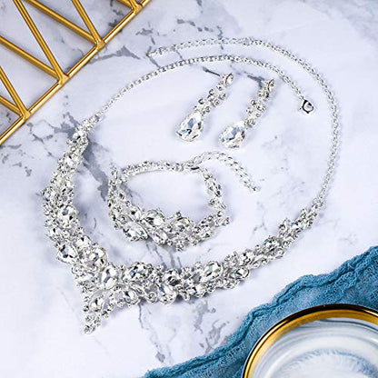 Wedding Bridal Jewelry Set for Women Bride Bridesmaids | Gorgeous Austrian Crystal Teardrop Cluster Statement Necklace Dangle Earrings Link Bracelet Set Prom Jewellery - color: 01-Clear Silver-Tone
