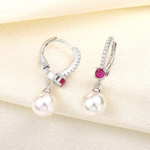 JO WISDOM 925 Sterling Silver Freshwater Pearl Hoop Earrings with Dangle Real Pearl,Simulated Pearls - color: B-8mm white pearl,ruby