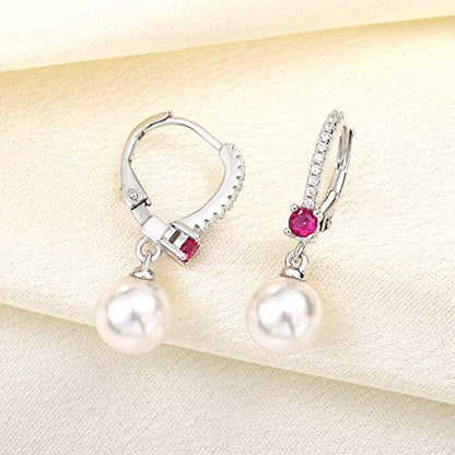 JO WISDOM 925 Sterling Silver Freshwater Pearl Hoop Earrings with Dangle Real Pearl,Simulated Pearls - color: B-8mm white pearl,ruby