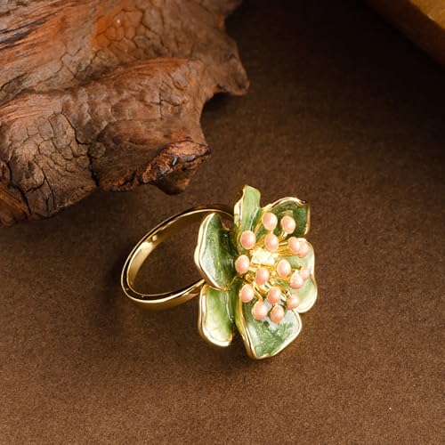 Kokoma Vintage Camellia Flower Statement Ring for Women Shiny Green Enamel Floral Ring Engagement Eternity Rings Wedding Band Adjustable Fashion Jewelry
